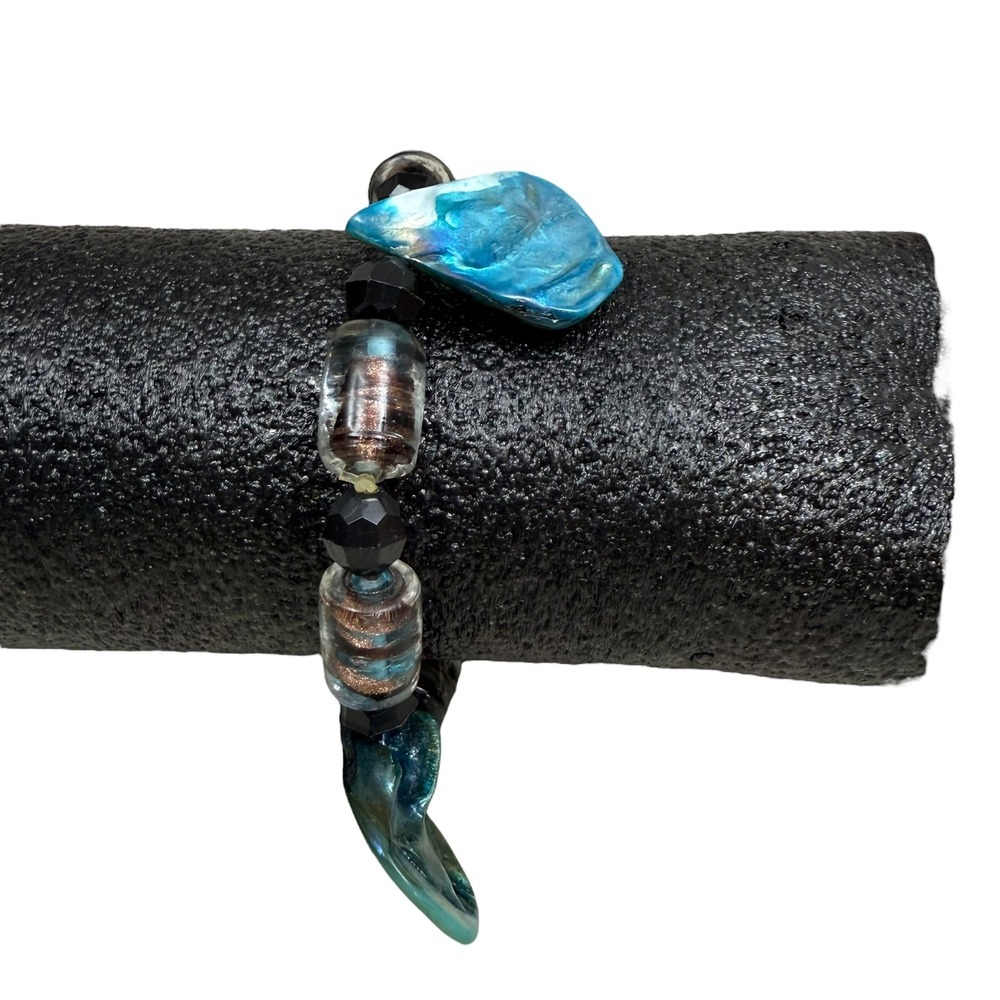 Beaded Bracelet Blue Turquoise Shell Handmade Fashion Jewelry Elastic Band Sz 7